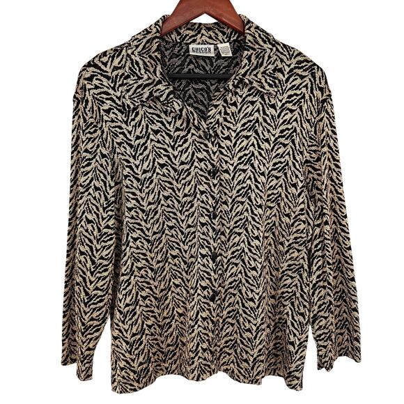 Chico's Tops - Chicos Sz 1 Medium Super Stretchy Long Sleeve Gold Black Blouse Shirt Top Mature